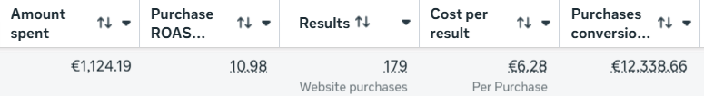 Snimak iz Meta Ads Manager-a: ROAS 10,98, 179 kupovina