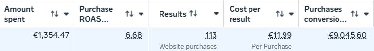 Snimak iz Meta Ads Manager-a: 113 kupovina, ROAS 6,68
