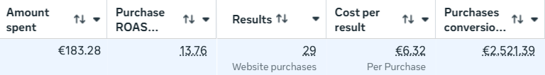 Snimak iz Meta Ads Manager-a: ROAS 13,76, 29 kupovina