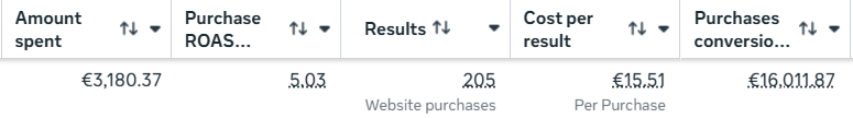 Snimak iz Meta Ads Manager-a: 205 kupovina, ROAS 5,03
