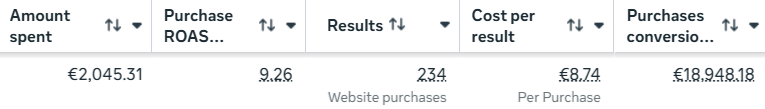 Snimak iz Meta Ads Manager-a: 234 kupovine, ROAS 9,26